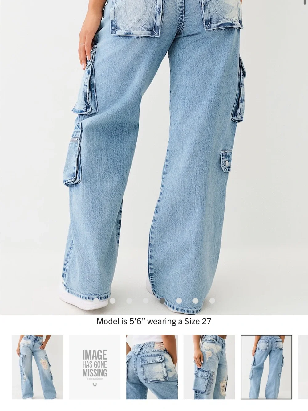 True Religion Light Blue Distressed Wide Leg Cargo Jeans NWOT
